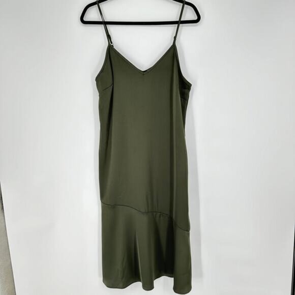 Sam Edelman Green Satin Spaghetti Strap V Neck Womens Midi Slipdress Sz 14 - Picture 1 of 6